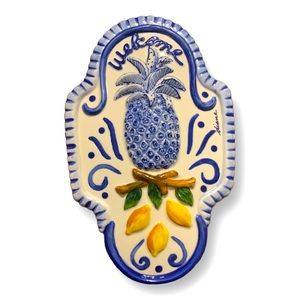 Diane Artware Ceramic Pineapple & Lemon Welcome Wall Sign Blue & White Pattern